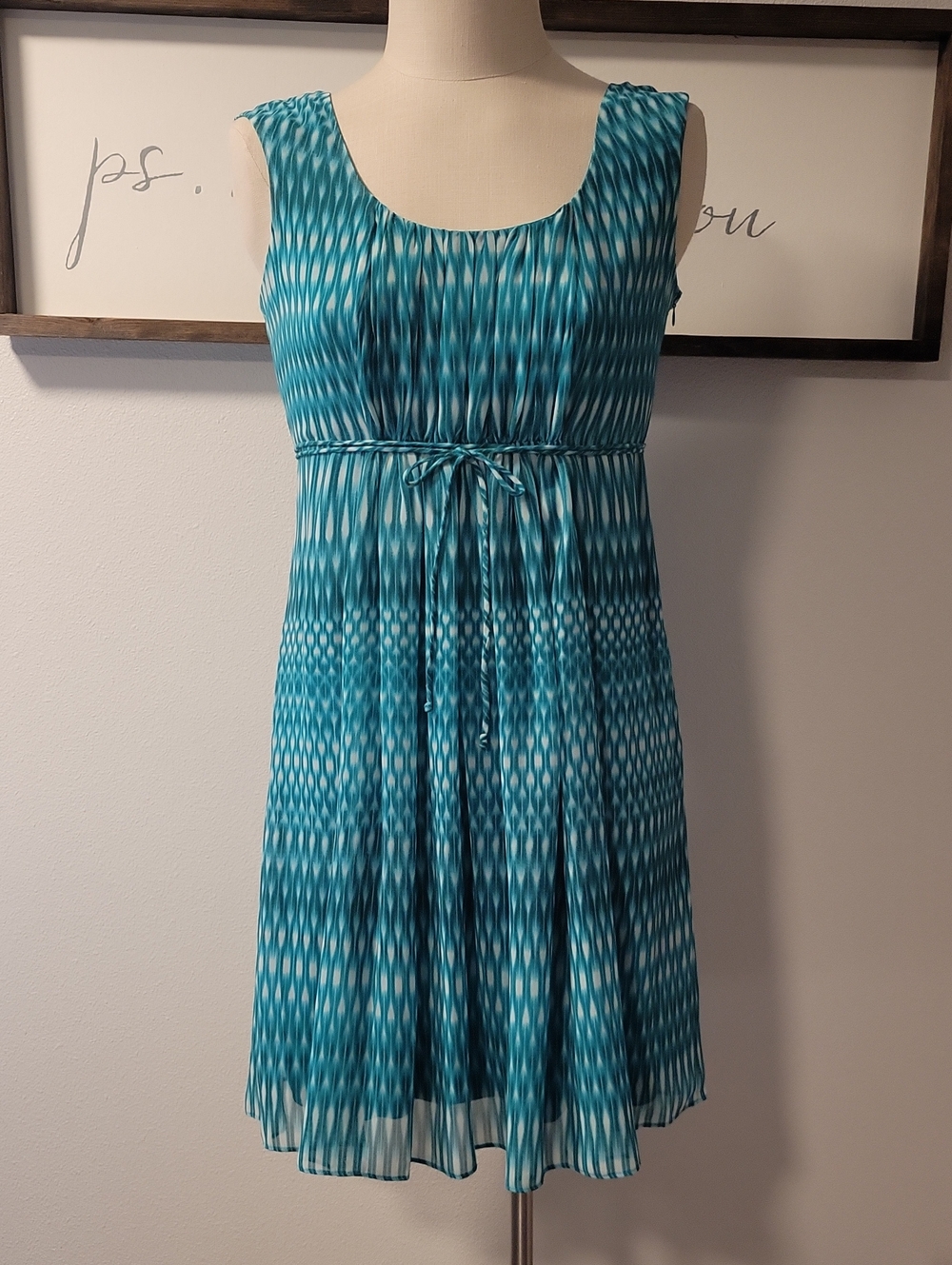 Calvin Klein Teal Patterned Sleeveless Tie-Waist Dress